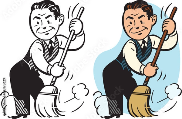 Obraz A vintage retro cartoon of a man sweeping away dust with a broom. 