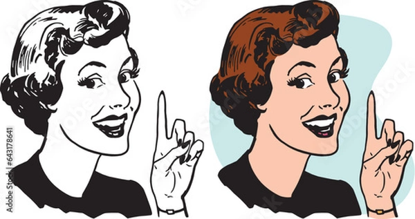 Obraz A vintage retro illustration of a smiling woman pointing up. 