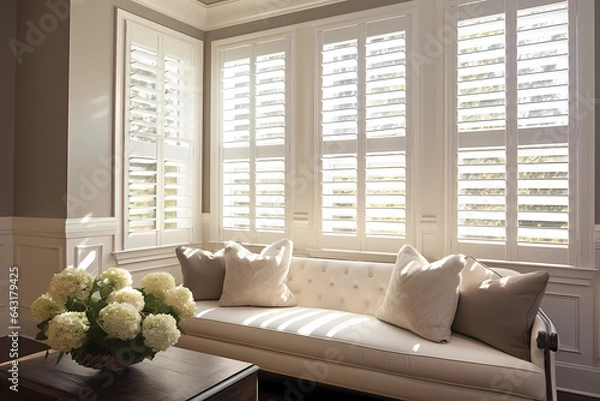 Fototapeta Plantation Shutters - USA - Sturdy shutters with adjustable louvers (Generative AI)
