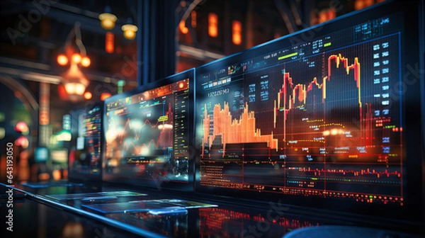 Fototapeta Active trading depicted on virtual screens
