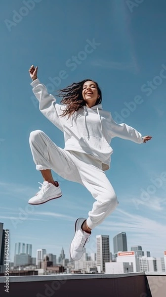 Fototapeta Dynamic shot of a model in a streetwear outfit, captured mid-jump on a city rooftop, with skyline in the background
