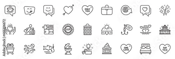 Fototapeta Icons pack as Heart, Sun protection and Ice cream line icons for app include Circus, One love, Shopping bag outline thin icon web set. Pillows, Grill, Coffee pictogram. Travel delay. Vector
