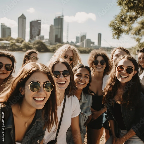 Fototapeta Happy students are standing, smiling and making the photo of themselves