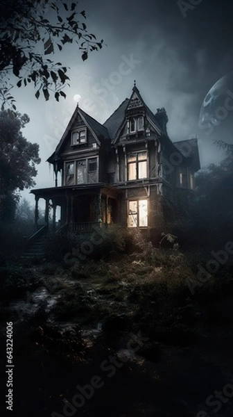 Fototapeta Mesmerizing haunted house engulfed in misty mo onlight 