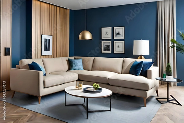 Obraz modern living room with beige sofa and blue wall. Created with generative AI 