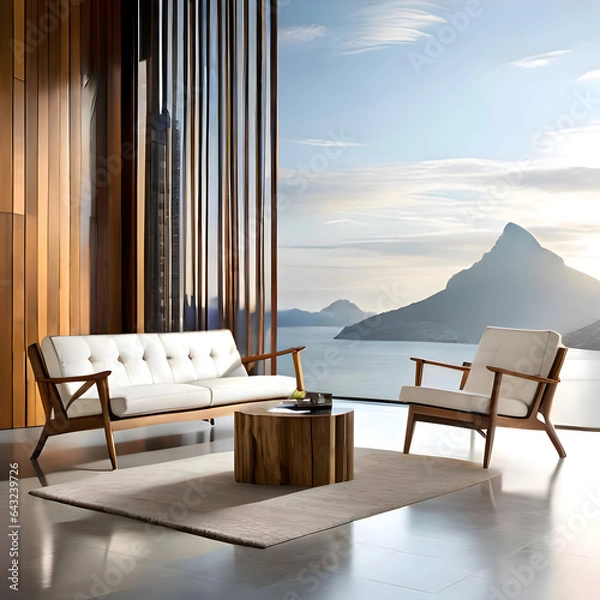 Obraz Chair on the terrace of a wooden house, superb view on mountains. Created with generative AI