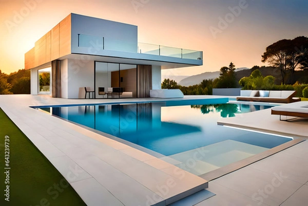 Obraz Luxury swimming pool at sunset. Created with generative AI