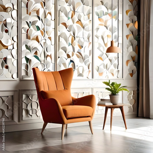 Obraz Interior (corner) of a living room with a comfortable chair and a little table with plant in pot. Modern style. Created with generative AI