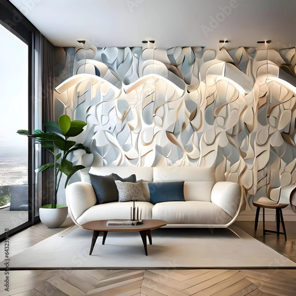 Obraz modern living room interior with a sofa and plants in pots, white tone. Created with generative AI