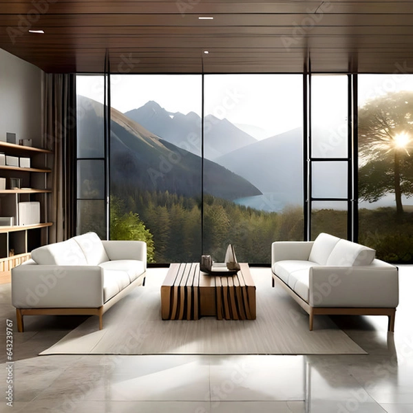 Obraz Modern living room with sofa and impressive view on mountains and a lake. Created with generative AI