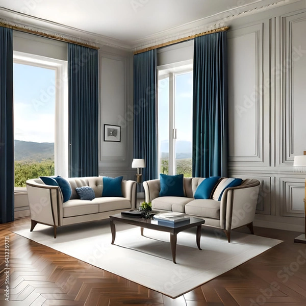 Obraz Modern living room with two sofa and a table. Created with generative AI