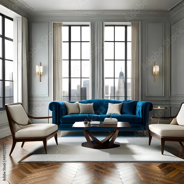 Fototapeta Modern living room inside of a building. Created with generative AI