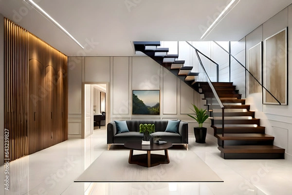 Obraz Modern living room with sofa and staircase. Created with generative AI