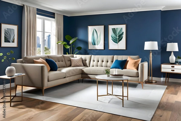 Obraz Living room interior with beige sofa. Created with generative AI