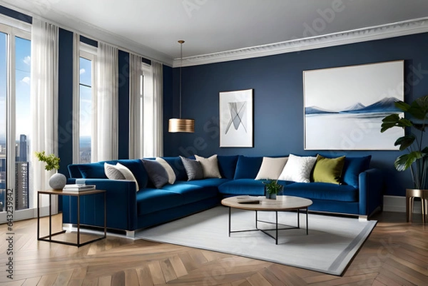Obraz Modern living room with sofa, blue tones. Created with generative AI