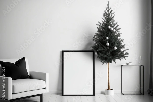 Fototapeta Interior of a contemporary minimalist living room with a mockup frame and a Christmas tree, vertical. Generative AI