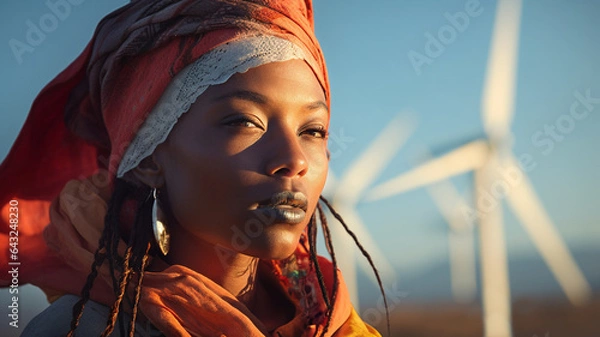 Fototapeta Black Woman standing in front of wind turbine, business woman, CSR, company social responsability, ecology, future, energy, reneweable energies, clean electricity, global warming, climate change