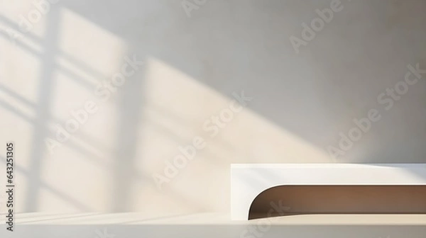 Fototapeta Minimal abstract background for product presentation, Shadow and light from windows on plaster wall, AI generated.