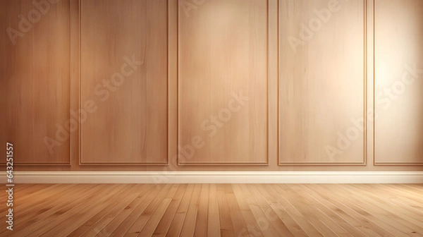 Fototapeta Light brown empty wall with decorative paneling and wood flooring with interesting light reflections. Background for the presentation, AI generated.