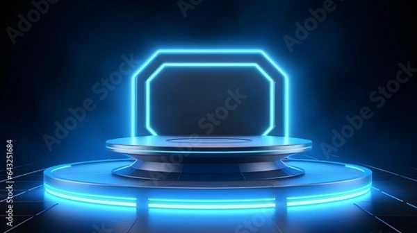 Fototapeta Beautiful futuristic technological light blue podium with light neon panels for product presentation, AI generated.
