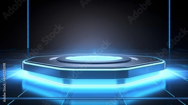 Fototapeta Beautiful futuristic technological light blue podium with light neon panels for product presentation, AI generated.