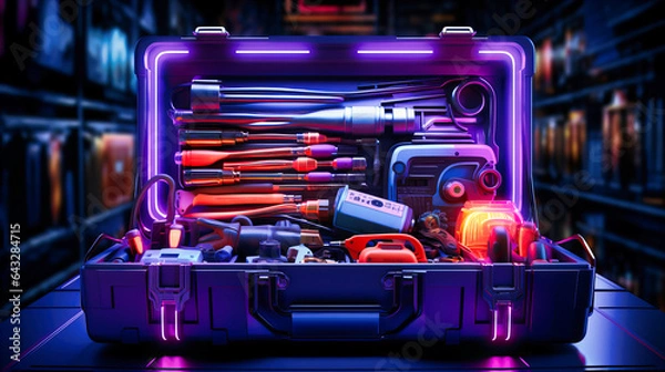 Fototapeta Neon toolbox filled with luminous tools of the trade
