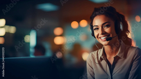Obraz Female call center worker smiling and working answering the call providing service with courtesy and attention. 