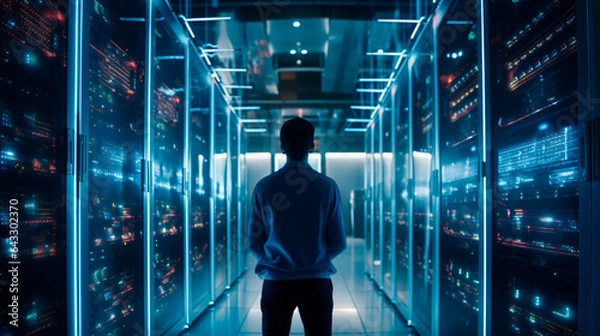 Obraz Silhouette of IT Engineer in big database server center office, High Speed Data Transfer, Server Transfer, Technology Science Breakethrough, Progress, Innovation Concept. Generative AI