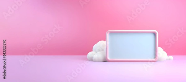 Fototapeta Pink frame with white clouds on a pink background with copy space.