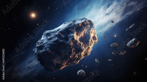 Obraz An image of a rocky asteroid flying through space.