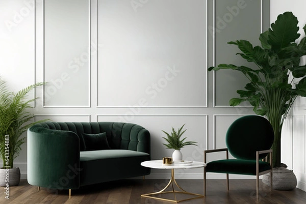 Fototapeta A magnificent, minimalist grey home with a green velvet chair, a coffee table with decorative items, and a tropical plant. Copy space, mockup poster. wall. brown flooring. Generative AI