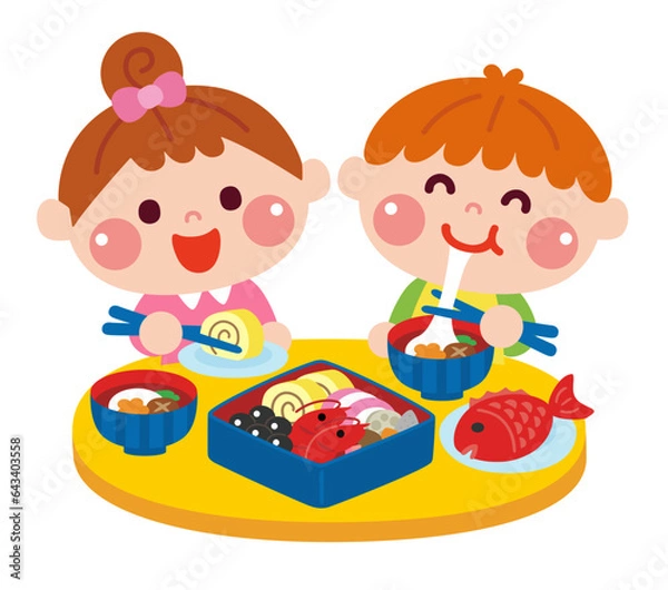 Obraz お正月におせちを食べる子どもたちのイラスト