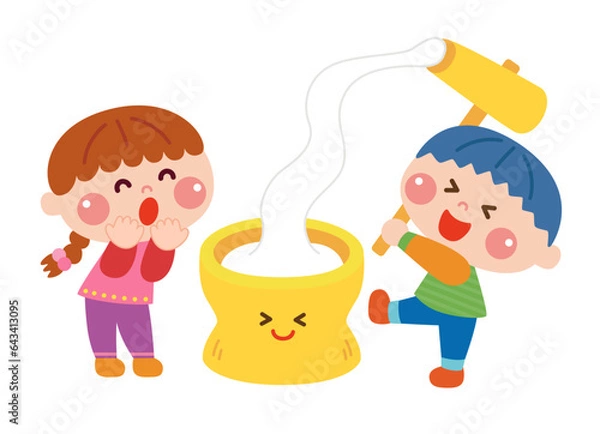 Obraz もちつきをする子どもたちのイラスト