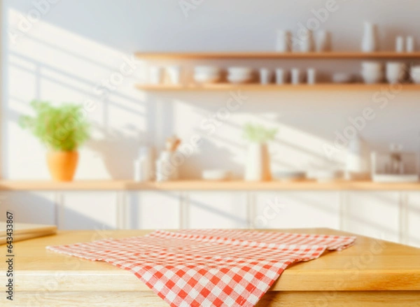 Fototapeta Wood table top on blurred kitchen background. can be used mock up for montage products display or design layout.