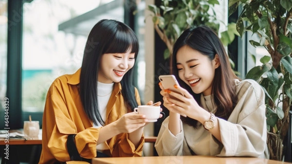 Obraz カフェで友達とスマホを見て笑う女性 Girls talking looking at smartphone in cafe