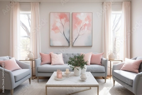 Fototapeta Sweet color pastel living room studio interior decoration background.