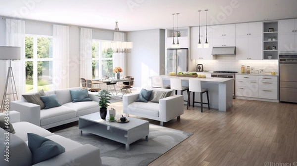 Obraz 白とグレーのお洒落なリビングダイニングキッチン　White & Gray Open Plan Living Dining Room & kitchen Combo