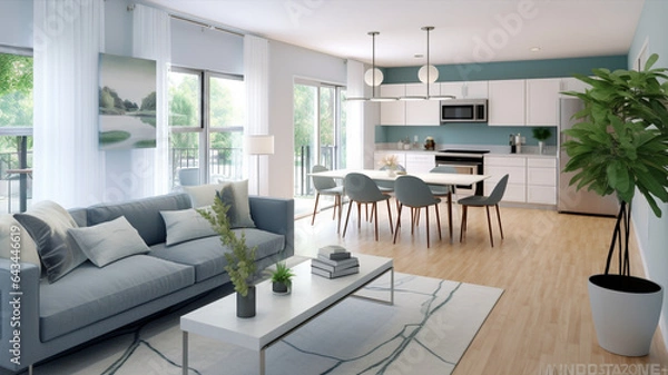 Obraz 白とグレーのお洒落なリビングダイニングキッチン　White & Gray Open Plan Living Dining Room & kitchen Combo