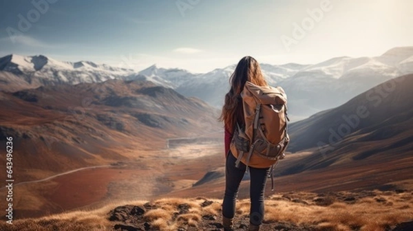 Fototapeta young backpacker in the mountains