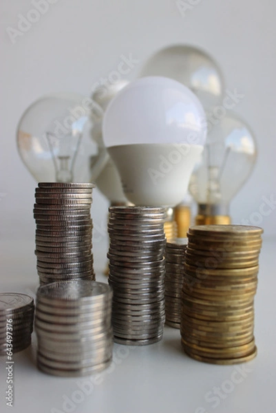 Fototapeta Variety Electric Bulbs And Piles Of Silvery And Brass Coins In A Columns Symbolizing Energy Efficient 
