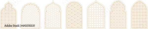 Fototapeta Arabian arc windows, mosque shapes graphic islam elements. Arab decorative window, muslim architecture ornate beautiful racy vector design