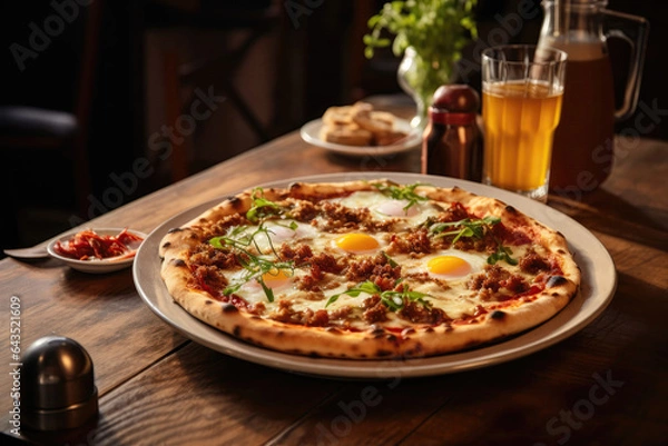 Fototapeta Dish Pizza On Table In Industrialstyle Cafe. Сoncept How To Achieve An Industrial Style Caf, The Art Of Making Delicious Dish Pizza, Setting A Dining Table Like A Pro