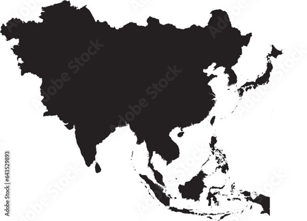 Fototapeta BLACK CMYK color detailed flat stencil map of the continent of ASIA on transparent background