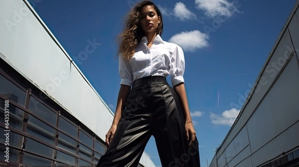 Fototapeta Model striking a confident pose in a high-fashion ensemble against a minimalist urban setting