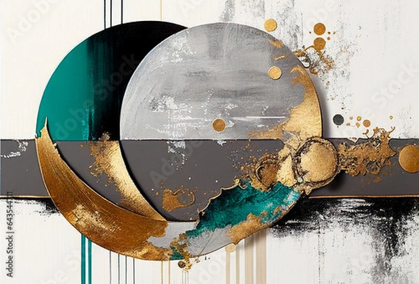 Obraz Splashes of bright paint on the canvas.Gold, black, blue and gray colors. Interior painting. Beautiful background. Generative AI.