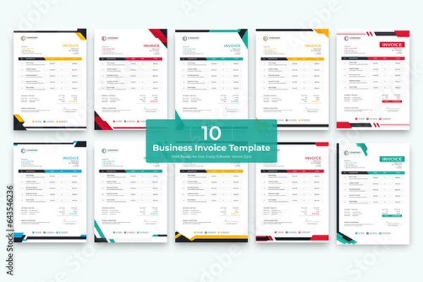Obraz abstract style business invoice Bundle. 10 Creative Invoice Template Paper Sheet Include Accounting, Price, Tax, and Quantity. With color variation Vector illustration of Finance