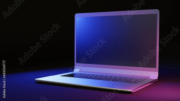 Obraz 3D rendering illustration. Colorful laptop computer with gradient blue and pink background. Image for presentation. Copy space. Mock up. Technology design.