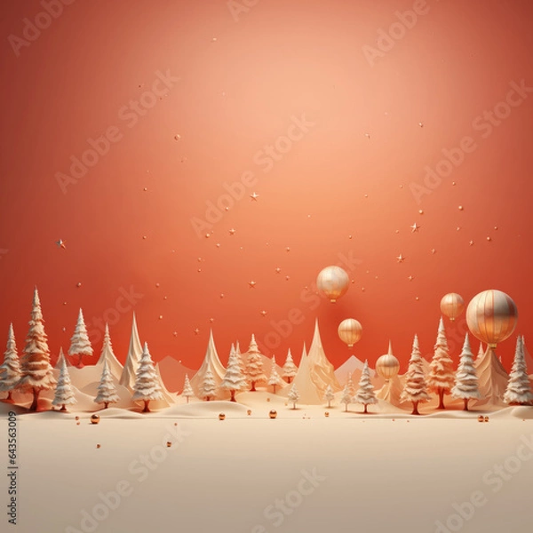 Obraz Christmas card with copy space. Landscape of a snowy forest full of pine trees. salmon color