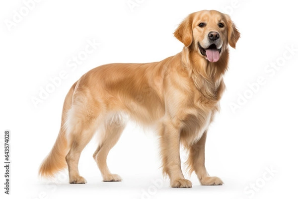 Fototapeta Full body photo of an adorable golden retriever dog isolated on white background. Digital illustration generative AI.