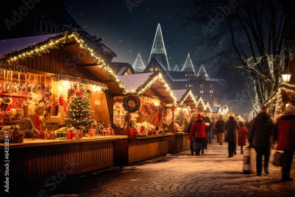 Fototapeta Christmas Market with blurred people walking and buying gifts in the stall streets. European city on winter at night.